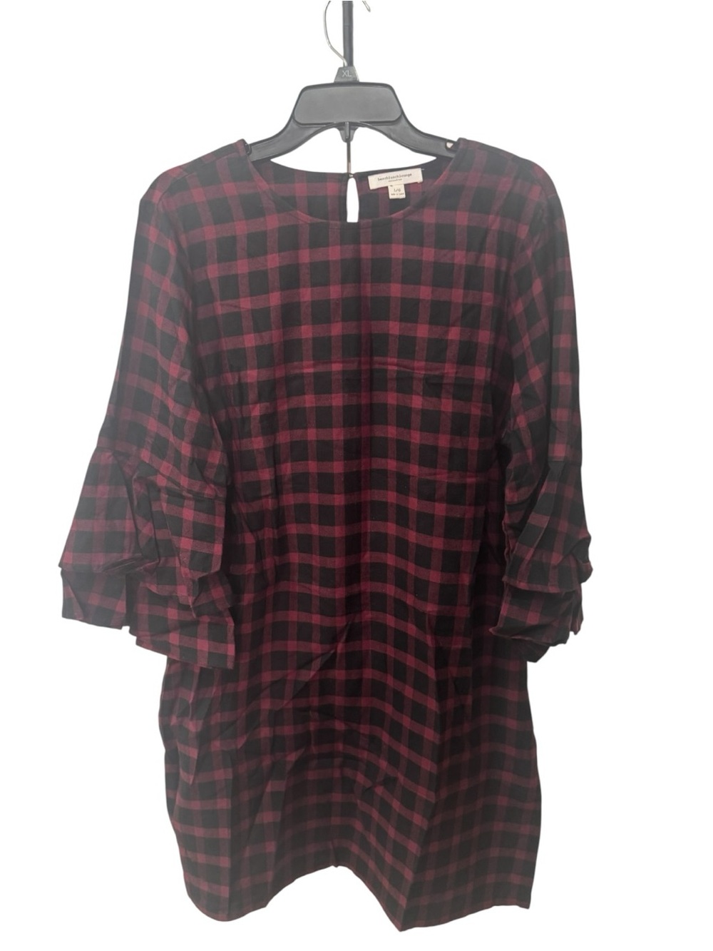 beachlunchlounge Burgundy and Black Plaid Ruffle-Sleeve Tunic size L